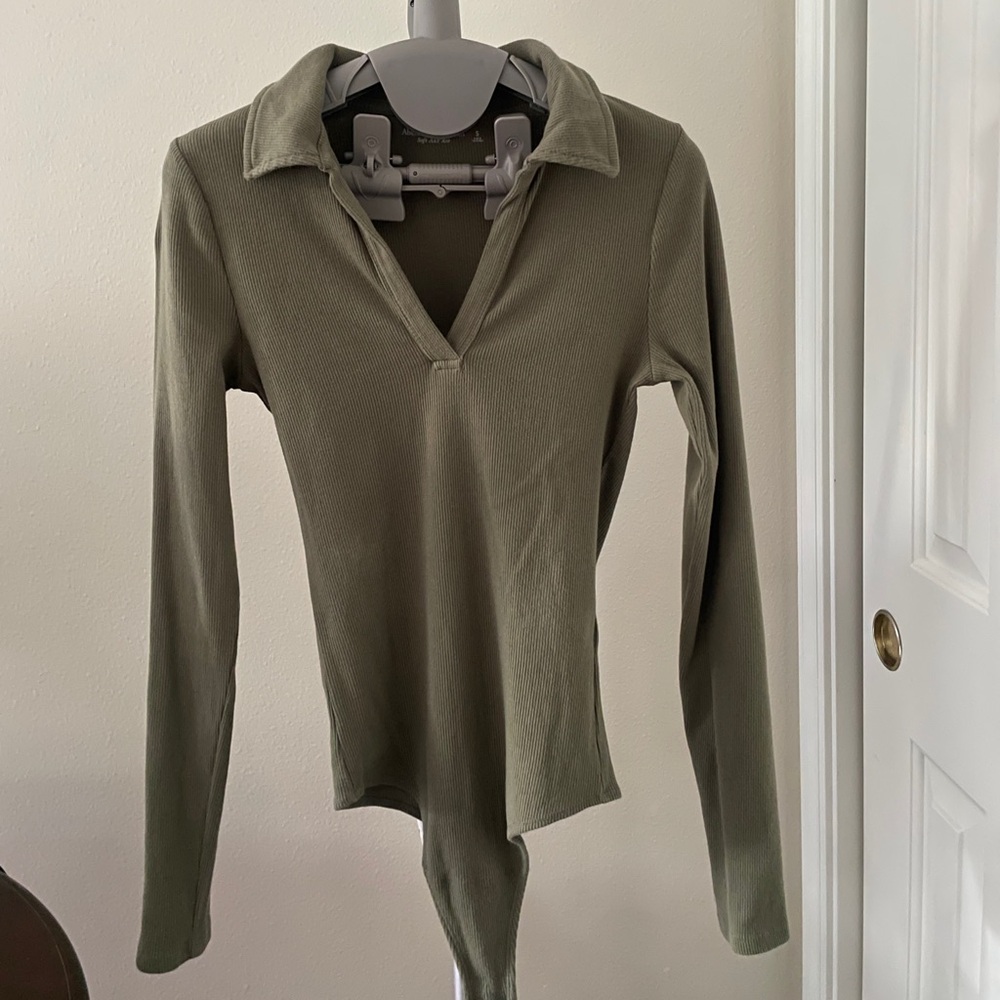 Abercrombie Dark Olive Green Ribbed Women's Polo Long Sleeve Bodysuit Top